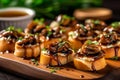 Bite-sized shiitake mushroom crostini topped with a drizzle of balsamic glaze, representing an elegant and flavorful appetizer