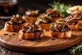 Bite-sized shiitake mushroom crostini topped with a drizzle of balsamic glaze, representing an elegant and flavorful appetizer