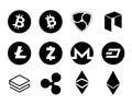 Bitecoin Litecoin Nem Dash Zcash Monero Nem Stratis Ripple Ethereum Neo vector isolated digital crypt. Set internet