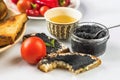 Biten fried bread, black caviar, cup of tea and vegetable. Royalty Free Stock Photo