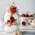 Bitesize shredded wheat with fresh cherry berries in Jar Royalty Free Stock Photo