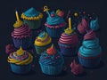 Bithday cupcake colorful bakery dessert on black background. ai generative