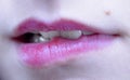 Biting her red lips teeth Royalty Free Stock Photo