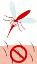 A biting mosquito flying over a skin with a prohibition sign