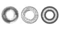 Bitmap pixel arcade game effect. Circles frames with bit pattern texture. Round y2k halftone elements on white background. Vector Royalty Free Stock Photo