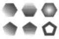 Bitmap pixel arcade game effect. Hexagon y2k halftone shape. Vector dither aesthetic gradient pentagon icons. 2000s