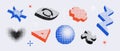 Bitmap pixelated shape set. Dither halftone geometric object collection. White eye, arrow, zigzag, heart, hexagon, star