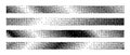 Bitmap slanted gradient border set. Diagonal dotted halftone header or footer collection. Pixelated rectangle decoration