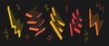 Bitmap textured lightning bolt set. Dither halftone thunderbolt collection. Orange, red, yellow strikes or arrow