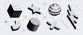 Bitmap textured shape set. Dither halftone geometric object collection. Black sphere, cube, arc, cylinder, star, bolt