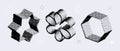 Bitmap textured shape set. Dither halftone objects collection. Black 3d flower, star, hexagon elements for banner