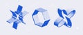 Bitmap textured shape set. Dither halftone objects collection. Blue 3d flower, star, hexagon elements for banner, poster