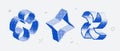 Bitmap textured shape set. Dither halftone objects collection. Blue 3d flower, star, rhombus elements for banner, poster