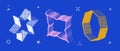 Bitmap textured shape set. Dither halftone objects collection. Colorful 3d flower, star, octagon elements for banner