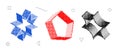 Bitmap textured shapes set. Blue, red, black dither halftone objects collection. 3d star, sparkle, pentagon elements for