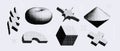 Bitmap textured shapes set. Dither halftone geometric objects collection. Black torus, cube, cross, star, bolt elements