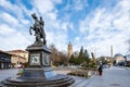 Bitola, Macedonia - May 2023: Magnolia Square with the equesterian Statue of Phillip II Royalty Free Stock Photo