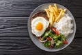 Bitoque Recipe Portuguese Style Steak with Egg, french fries, rice and salad closeup in the plate. Horizontal top view Royalty Free Stock Photo