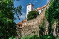 Bitov Castle on steep promontory towering above meandering River Zeletavka,near Vranov reservoir,Czech Republic.Popular Gothic
