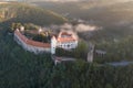 Bitov Medieval castle in South Moravia region during amazing sunrise, Czech republic, Europe. Aerial drone view. Summer or autumn Royalty Free Stock Photo