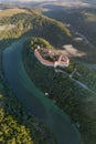 Bitov Medieval castle in South Moravia region during amazing sunrise, Czech republic, Europe. Aerial drone view. Summer or autumn Royalty Free Stock Photo