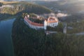 Bitov Medieval castle in South Moravia region during amazing sunrise, Czech republic, Europe. Aerial drone view. Summer or autumn Royalty Free Stock Photo