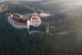 Bitov Medieval castle in South Moravia region during amazing sunrise, Czech republic, Europe. Aerial drone view. Summer or autumn Royalty Free Stock Photo