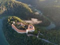 Bitov Medieval castle in South Moravia region during amazing sunrise, Czech republic, Europe. Aerial drone view. Summer or autumn Royalty Free Stock Photo