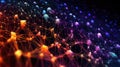 Bits and bytes streaming through interconnected nodes, showcasing the movement of digital information across networks