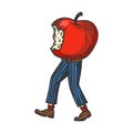 Bitten apple walks on its feet color sketch Royalty Free Stock Photo