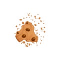 Bitten chocolate chip cookie. Crunch homemade brown biscuit broken with crumbs. Cartoon baked round choco cookie bite Royalty Free Stock Photo