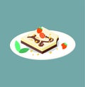 Bitten chocolate dessert on a white plate. Illustration of a square cake with different layers of chocolate with strawberries.