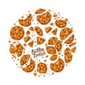 Bitten cookies with chocolate chips set. Broken sweets. Fresh pastries. Vector cartoon illustration Royalty Free Stock Photo