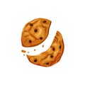 Bitten cookies with chocolate chips on a white isolated background. Freshly baked cookies broken in half. Vector cartoon Royalty Free Stock Photo