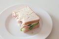 Bitten fresh ham and cheese sandwich traditional Italian tramezzino rest on a white plate with copy space for your text Royalty Free Stock Photo