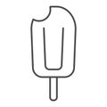 Bitten ice cream thin line icon, summer concept, ice-cream on a stick sign on white background, icecream on wooden stick