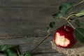 Bitten red apple with a branch with leaves on burlap on wooden planks Royalty Free Stock Photo