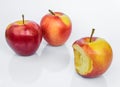 A bitten ripe apple and two whole Gala apples on a white Royalty Free Stock Photo