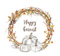 Bittersweet branches wreath with pastel pumpkins. Watercolor autumn frame illustration