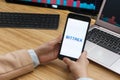 Bittrex Cryptocurrency Exchange Market. Female Trader Hands Holding the Smartphone Using Application. Crypto Background Concept,