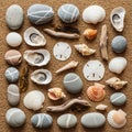 Bivalves and conch shells two sand dollars Clypeasteroida and Royalty Free Stock Photo
