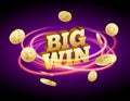 Biw win gold design prize for casino jackpot. Luck game banner for poker or roulette. Winner prize sign coins Royalty Free Stock Photo