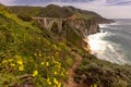 Bixby bridge on Route 1, Pacific Coast Highway (PCH) with spring flowers lining road Royalty Free Stock Photo