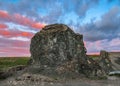 Bizarre basalt rocks at magnificent valley of Vesturdalur, Asbyrgi - dramatic sunset, Northeast Iceland, Europe Royalty Free Stock Photo