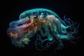 bizarre and colorful deep-sea creature surrounded by glowing bioluminescence