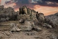 Bizarre rocks of Valley of ghosts on Mount Demerdzhi in spring. Crimea