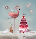 Surreal wonderland party with a pink flamingo