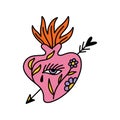Bizarre Valentines day burning sacred heart modern abstract eye face. Groovy love emoji