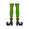 Bizarre witch or leprechaun legs in stockings with rhombus pattern and boots with buckles isolated on white background