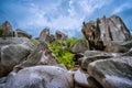 Bizarrely shaped granite boulders neat the beach, La Digue island, Seychelles